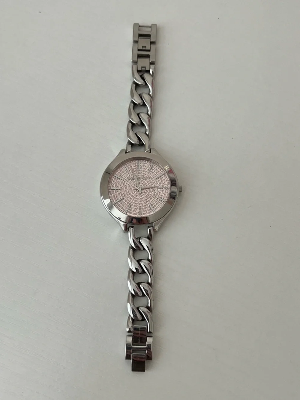 Michael Kors Runway Silver Tone Pink Crystals Pave Dial Chain Watch MK3357